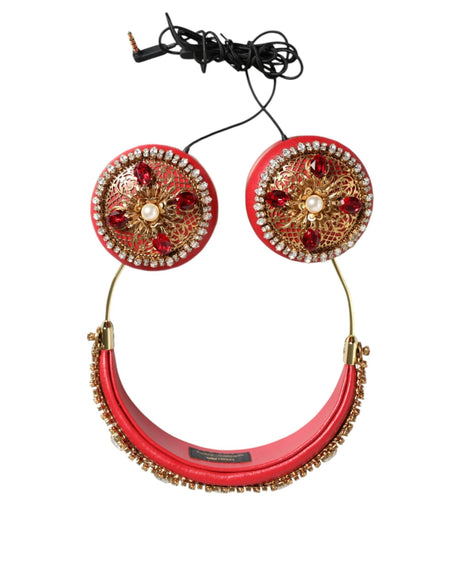 Dolce & Gabbana Red Nappa Leather Floral Crystal Headphone - Hilstor
