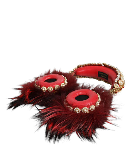 Dolce & Gabbana Red Gold Crystal Fur Headset Audio AUX Headphones - Hilstor