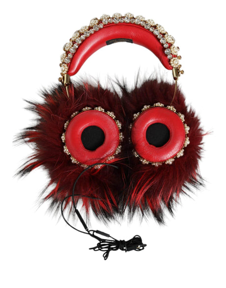 Dolce & Gabbana Red Gold Crystal Fur Headset Audio AUX Headphones - Hilstor