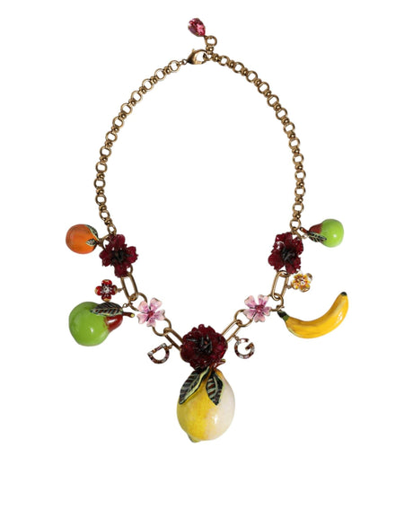 Dolce & Gabbana Gold Brass FRUIT Pendants Flowers Crystal Logo Necklace - Hilstor