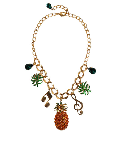 Dolce & Gabbana Gold Tone Brass Chain Pineapple Crystal Musical Necklace - Hilstor