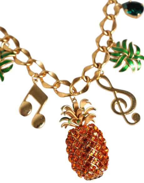 Dolce & Gabbana Gold Tone Brass Chain Pineapple Crystal Musical Necklace - Hilstor
