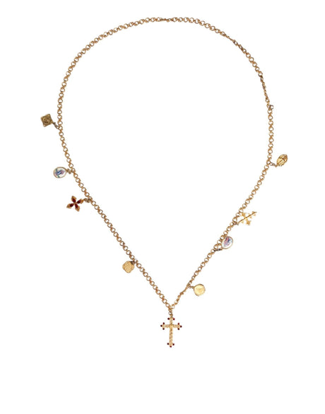 Dolce & Gabbana Gold Tone Brass Chain Religious Cross Pendant Necklace - Hilstor