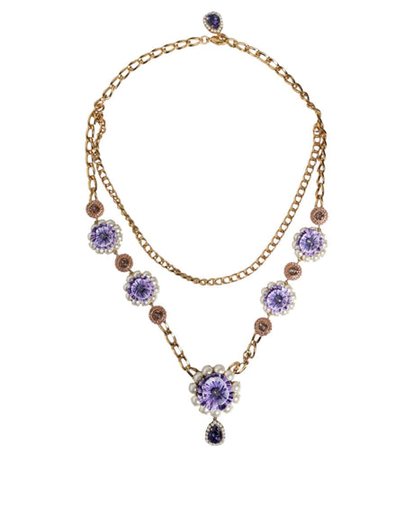 Dolce & Gabbana Gold Tone Floral Crystals Embellished Layered Necklace - Hilstor
