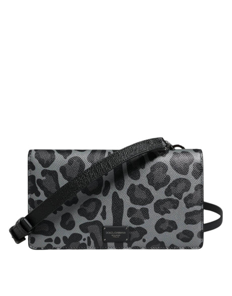 Dolce & Gabbana Black Gray Leopard Leather Bifold Card Slot Crossbody Bag - Hilstor