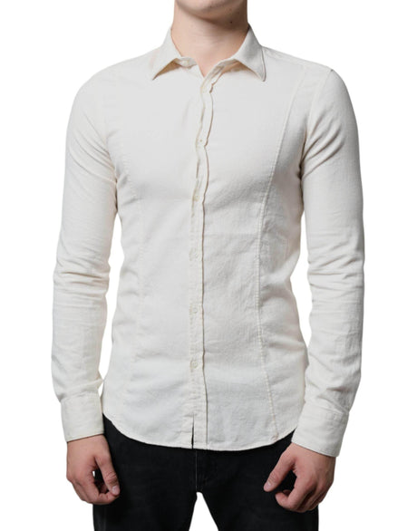 AGLINI Off White Cotton Collared Men Formal Dress Shirt - Hilstor