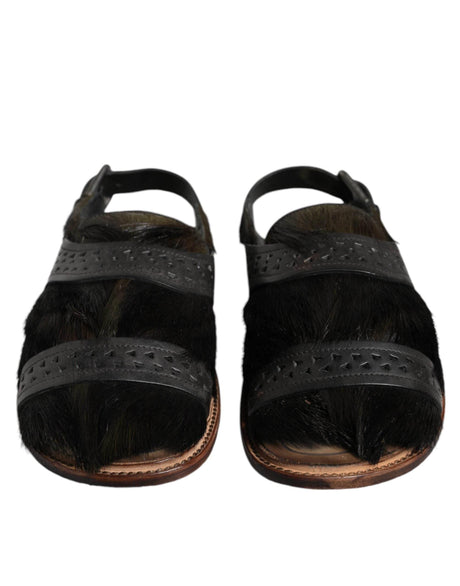 Dolce & Gabbana Black Gazelle Hair Leather Flats Sandals Shoes - Hilstor