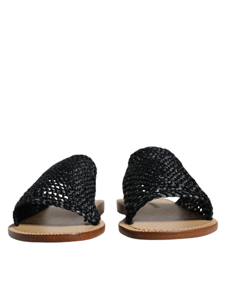 Dolce & Gabbana Black Monochrome Braided Raffia Slides Shoes - Hilstor