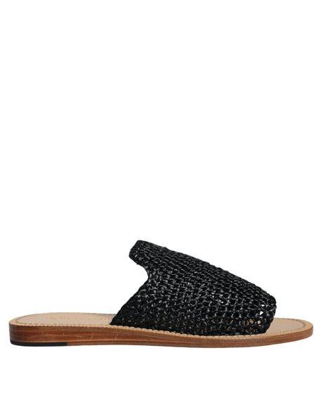 Dolce & Gabbana Black Monochrome Braided Raffia Slides Shoes - Hilstor