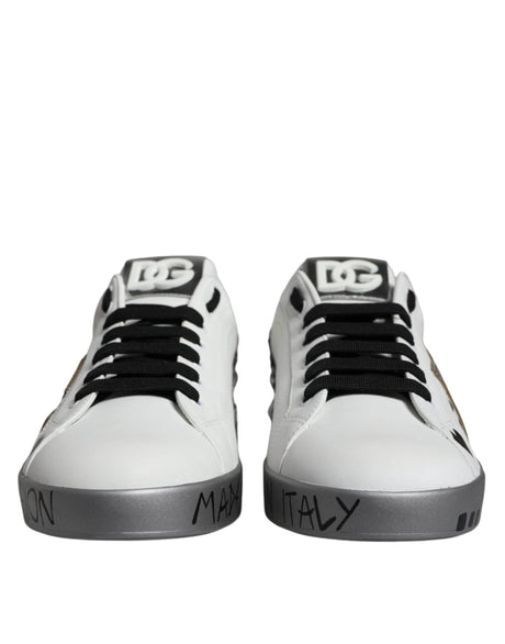 Dolce & Gabbana White Silver Crystal Logo Portofino Sneakers Shoes - Hilstor