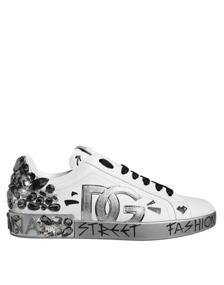 Dolce & Gabbana White Silver Crystal Logo Portofino Sneakers Shoes - Hilstor