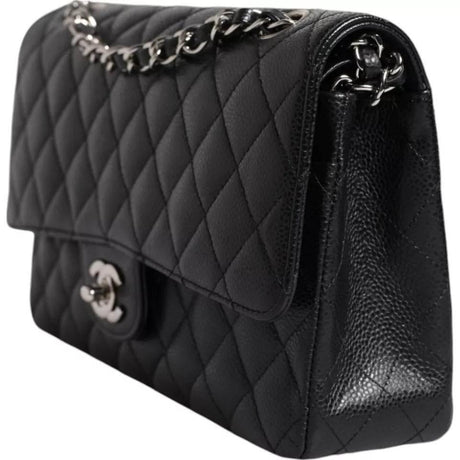 Chanel Black Caviar Medium Classic Double Flap Shoulder Quilted Silver Bag - Hilstor