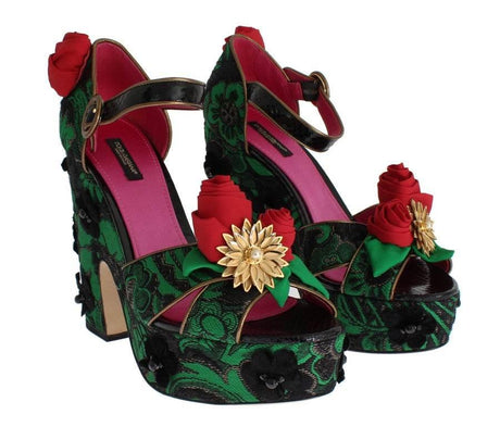 Dolce & Gabbana Green Brocade Snakeskin Roses Crystal Shoes - Hilstor