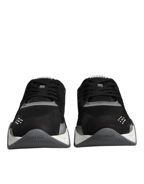 Versace Black Leather Neoprene Chunky Low Top Sneakers Squalo Shoes - Hilstor