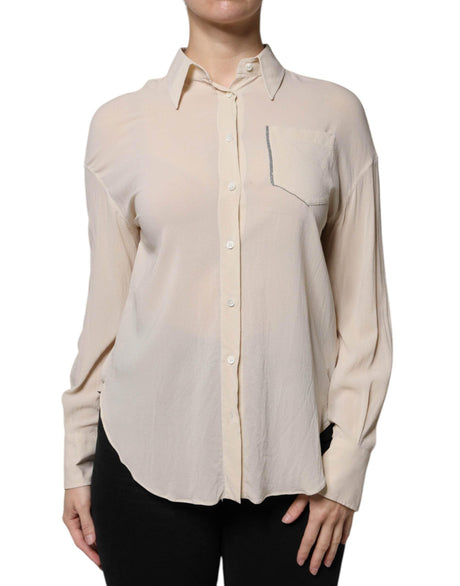 Brunello Cucinelli Beige Silk Blend Collared Button Down Top - Hilstor
