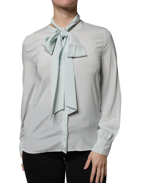 Ballantyne Light Blue Silk Ascot Collared Long Sleeves Top - Hilstor
