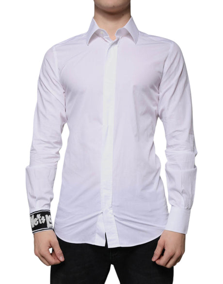Dolce & Gabbana White Cotton Slim Fit Men GOLD Dress Shirt - Hilstor