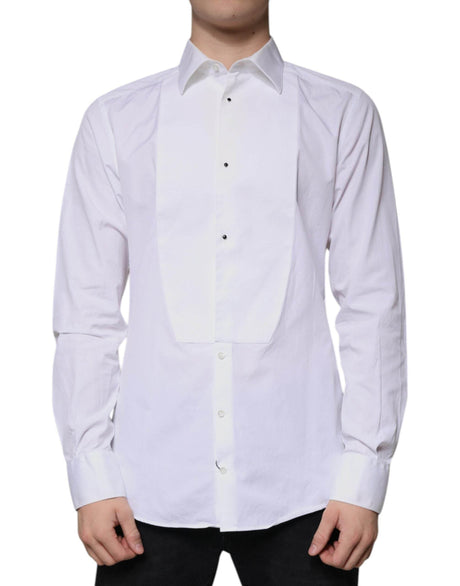 Dolce & Gabbana White Bib Cotton Poplin GOLD Men Formal Shirt - Hilstor