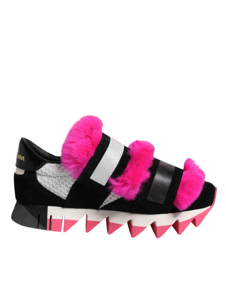Dolce & Gabbana Black Pink Fur Embellished Sneakers Shoes - Hilstor