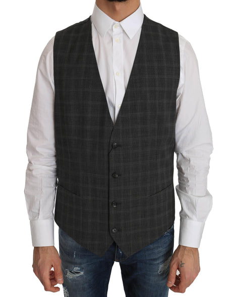 Dolce & Gabbana Gray Wool STAFF Checkered Stretch Vest - Hilstor
