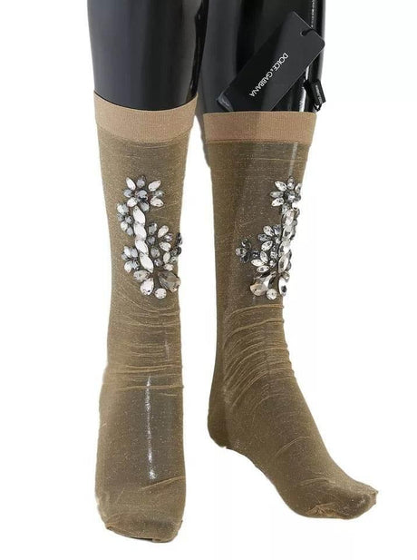 Dolce & Gabbana Gold Stretch Floral Clear Crystal Stocking Socks - Hilstor