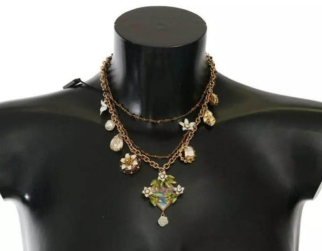 Dolce & Gabbana Gold Brass Crystal Floral Statement Charms Necklace - Hilstor