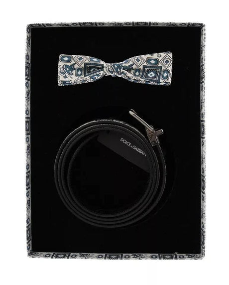 Dolce & Gabbana White Blue Silk Bowtie Leather Belt Gift Box Set - Hilstor