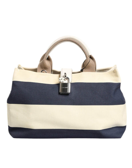 Dolce & Gabbana White Navy Striped Canvas Top Handle Tote Bag - Hilstor