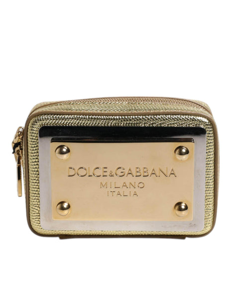 Dolce & Gabbana Gold Leather DG Logo Plaque Zip Around Clutch Bag - Hilstor