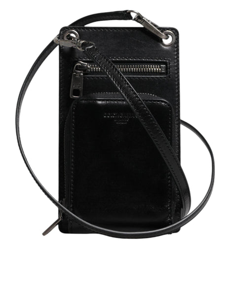 Dolce & Gabbana Black Horse Leather Zip Logo Shoulder Neck Strap Wallet - Hilstor