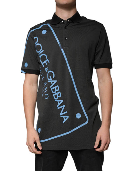 Dolce & Gabbana Black Logo Print Collared Cotton Polo T-shirt - Hilstor