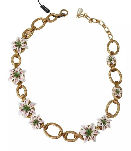 Dolce & Gabbana Gold Brass Oversize Chain LILY Flowers Necklace - Hilstor