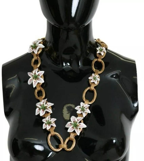 Dolce & Gabbana Gold Brass Oversize Chain LILY Flowers Necklace - Hilstor