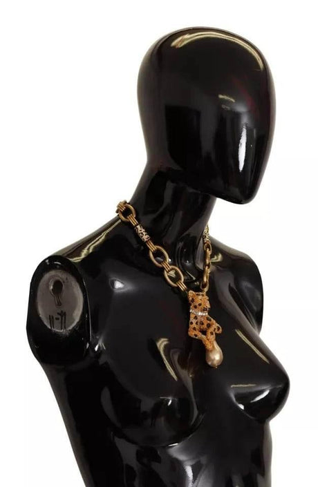 Dolce & Gabbana Gold Brass Chain Crystal Pearl Leopard Pendant Necklace - Hilstor