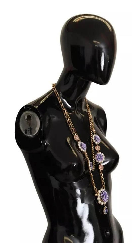 Dolce & Gabbana Gold Tone Floral Crystals Purple Embellished Necklace - Hilstor