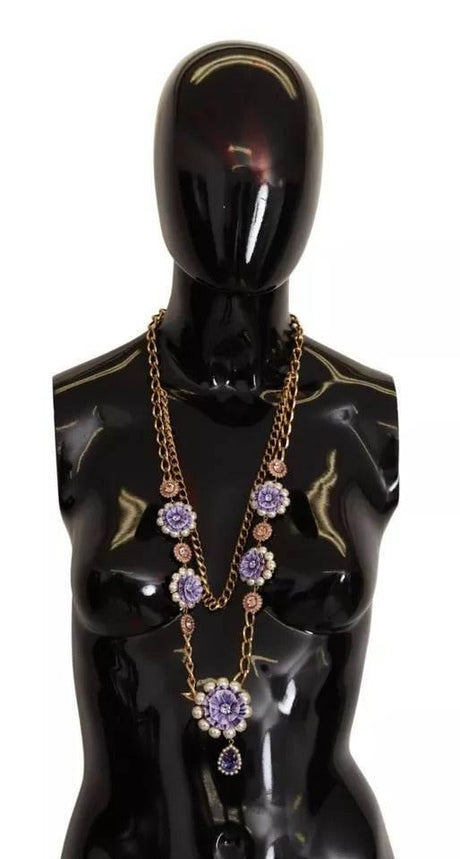 Dolce & Gabbana Gold Tone Floral Crystals Purple Embellished Necklace - Hilstor