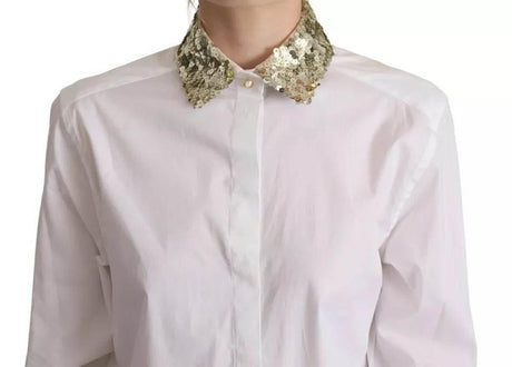Dolce & Gabbana White Cotton Collared Long Sleeves Sequin Top Shirt - Hilstor