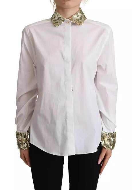 Dolce & Gabbana White Cotton Collared Long Sleeves Sequin Top Shirt - Hilstor