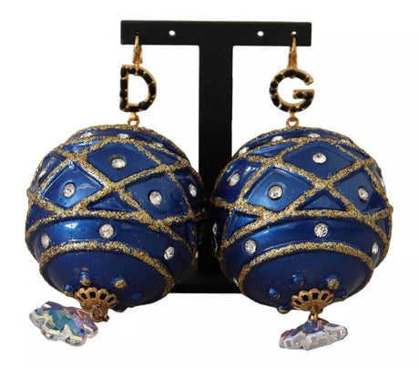 Dolce & Gabbana Gold Brass Blue Christmas Ball Crystal Hook Jewelry Earrings - Hilstor