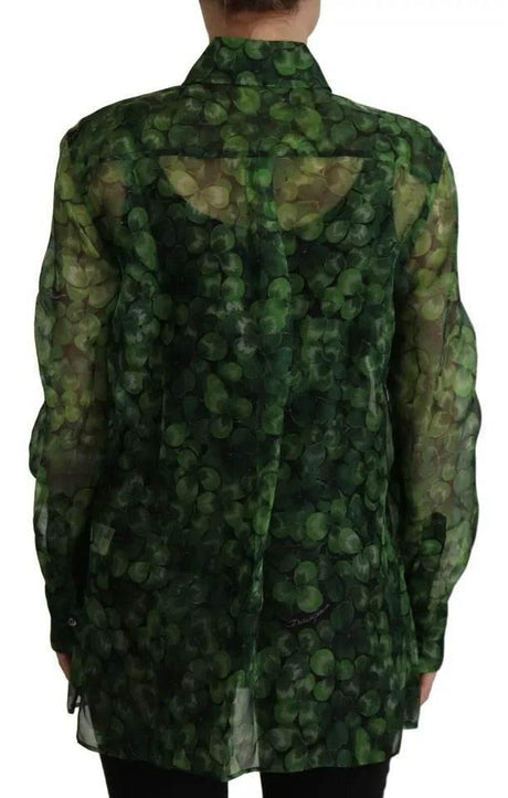 Dolce & Gabbana Green Clover Print Long Sleeves Collared Top Blouse - Hilstor