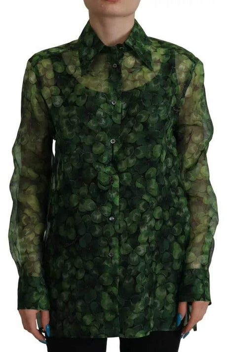 Dolce & Gabbana Green Clover Print Long Sleeves Collared Top Blouse - Hilstor