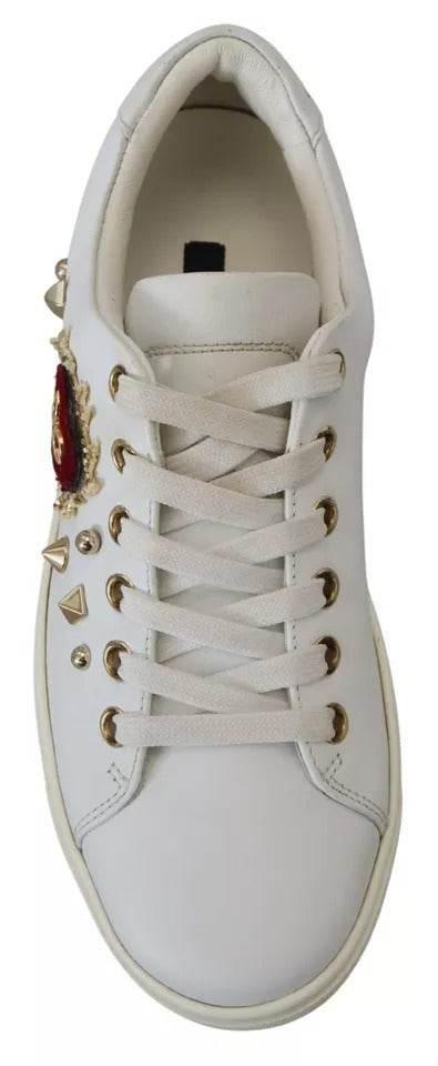 Dolce & Gabbana White Leather Gold Red Heart Sneakers Shoes - Hilstor