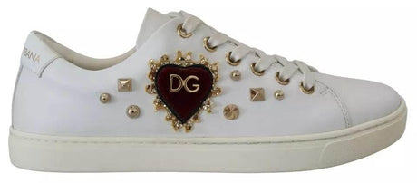 Dolce & Gabbana White Leather Gold Red Heart Sneakers Shoes - Hilstor