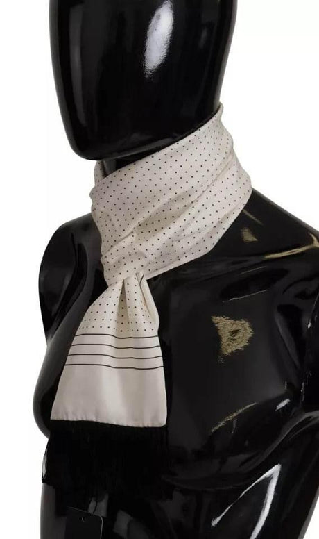 Dolce & Gabbana White Polka Dots Pattern Silk Fringes Wrap Scarf - Hilstor