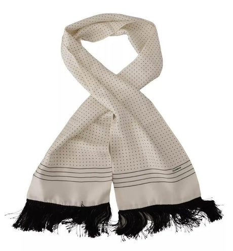 Dolce & Gabbana White Polka Dots Pattern Silk Fringes Wrap Scarf - Hilstor