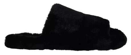 Dolce & Gabbana Black Polyester Faux Fur Mens Flats Sandals Shoes - Hilstor
