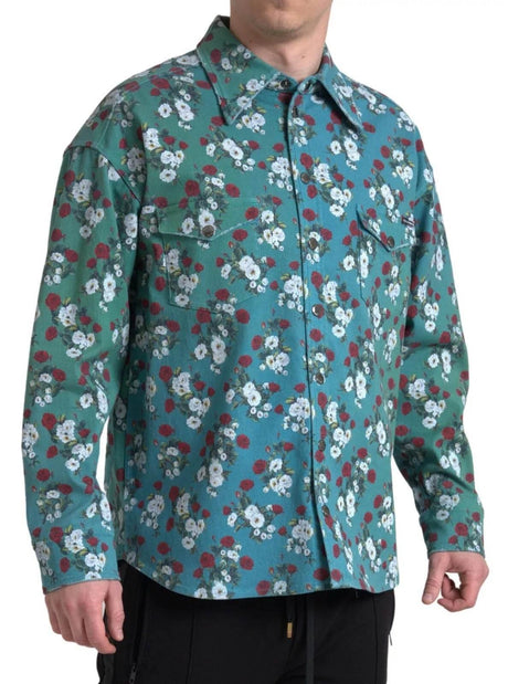Dolce & Gabbana Blue Floral Cotton Button Down Denim Shirt - Hilstor