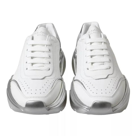 Dolce & Gabbana White Silver Daymaster Leather Sneakers Shoes - Hilstor