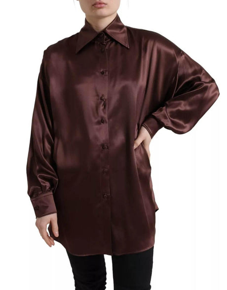 Dolce & Gabbana Brown Silk Collared Long Sleeves Top Blouse - Hilstor