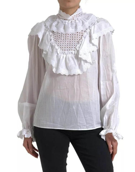 Dolce & Gabbana White Cotton Lace Trim Turtle Neck Blouse - Hilstor